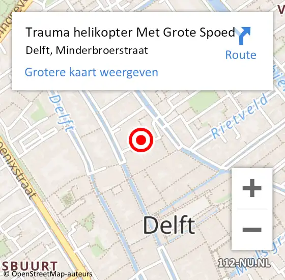 Locatie op kaart van de 112 melding: Trauma helikopter Met Grote Spoed Naar Delft, Minderbroerstraat op 1 april 2024 21:22