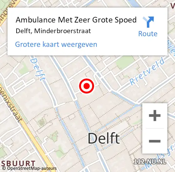 Locatie op kaart van de 112 melding: Ambulance Met Zeer Grote Spoed Naar Delft, Minderbroerstraat op 1 april 2024 21:23