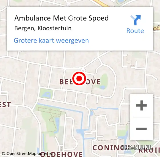 Locatie op kaart van de 112 melding: Ambulance Met Grote Spoed Naar Bergen, Kloostertuin op 2 april 2024 01:04