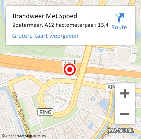 Locatie op kaart van de 112 melding: Brandweer Met Spoed Naar Zoetermeer, A12 hectometerpaal: 13,4 op 2 april 2024 05:34