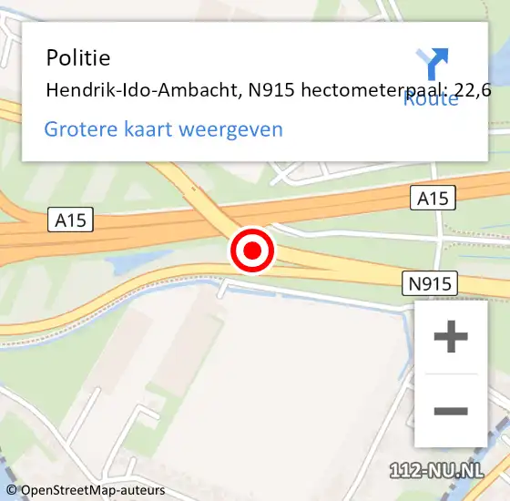 Locatie op kaart van de 112 melding: Politie Hendrik-Ido-Ambacht, N915 hectometerpaal: 22,6 op 2 april 2024 06:47