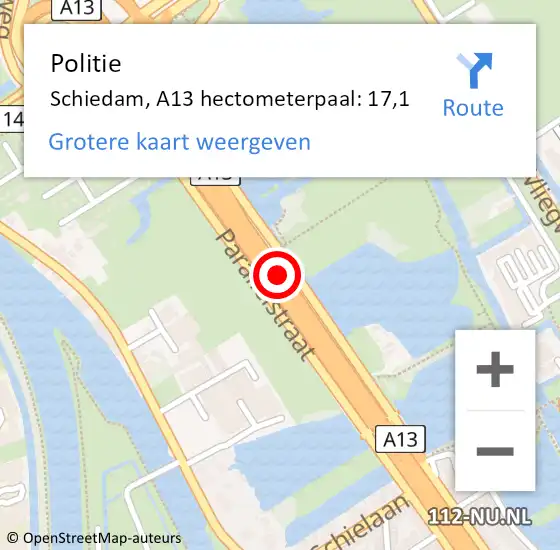 Locatie op kaart van de 112 melding: Politie Schiedam, A13 hectometerpaal: 17,1 op 2 april 2024 08:22