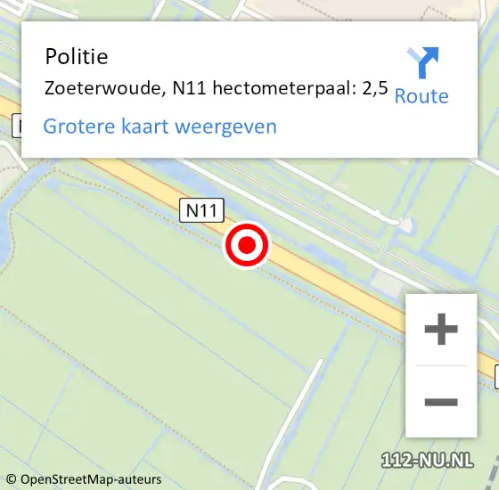 Locatie op kaart van de 112 melding: Politie Zoeterwoude, N11 hectometerpaal: 2,5 op 2 april 2024 08:43