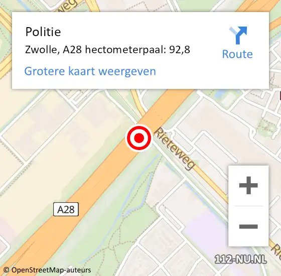 Locatie op kaart van de 112 melding: Politie Zwolle, A28 hectometerpaal: 92,8 op 2 april 2024 08:50