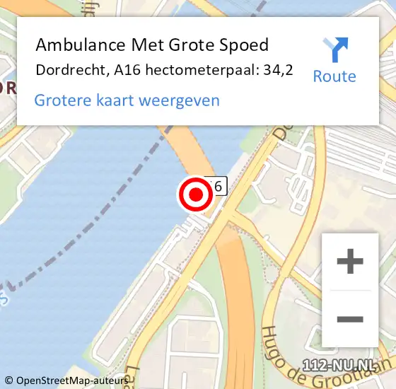 Locatie op kaart van de 112 melding: Ambulance Met Grote Spoed Naar Dordrecht, A16 hectometerpaal: 34,2 op 2 april 2024 10:17