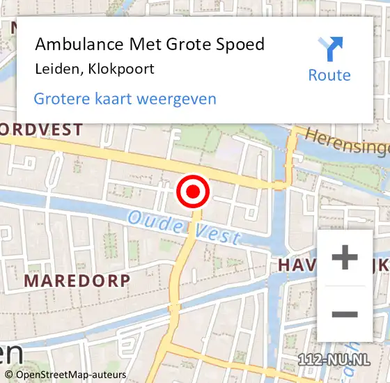 Locatie op kaart van de 112 melding: Ambulance Met Grote Spoed Naar Leiden, Klokpoort op 2 april 2024 11:11