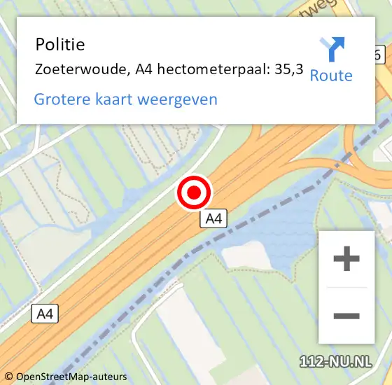 Locatie op kaart van de 112 melding: Politie Zoeterwoude, A4 hectometerpaal: 35,3 op 2 april 2024 12:04