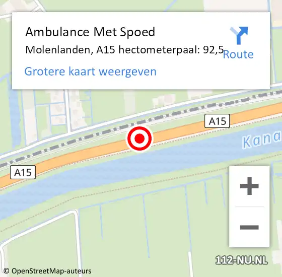 Locatie op kaart van de 112 melding: Ambulance Met Spoed Naar Molenlanden, A15 hectometerpaal: 92,5 op 2 april 2024 13:00