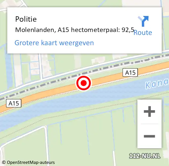 Locatie op kaart van de 112 melding: Politie Molenlanden, A15 hectometerpaal: 92,5 op 2 april 2024 13:02