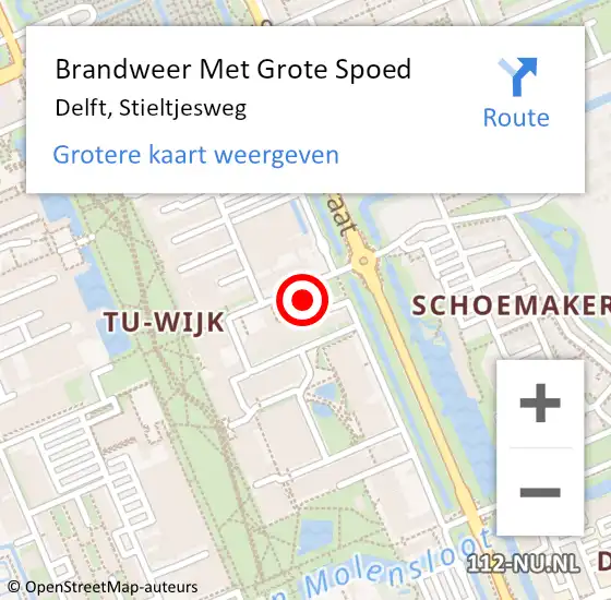 Locatie op kaart van de 112 melding: Brandweer Met Grote Spoed Naar Delft, Stieltjesweg op 2 april 2024 15:33