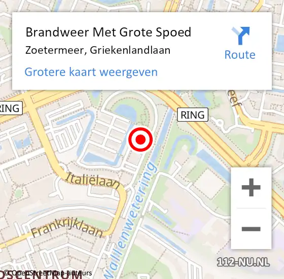 Locatie op kaart van de 112 melding: Brandweer Met Grote Spoed Naar Zoetermeer, Griekenlandlaan op 2 april 2024 15:42