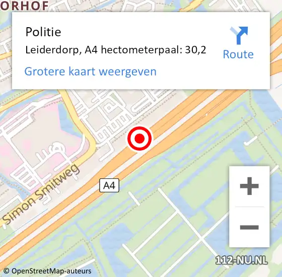 Locatie op kaart van de 112 melding: Politie Leiderdorp, A4 hectometerpaal: 30,2 op 2 april 2024 16:44
