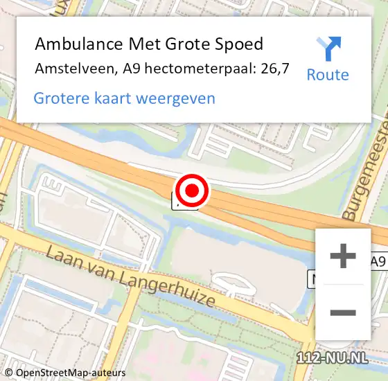 Locatie op kaart van de 112 melding: Ambulance Met Grote Spoed Naar Amstelveen, A9 hectometerpaal: 26,7 op 2 april 2024 17:20