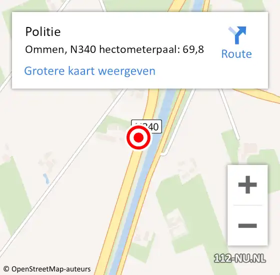 Locatie op kaart van de 112 melding: Politie Ommen, N340 hectometerpaal: 69,8 op 2 april 2024 17:31