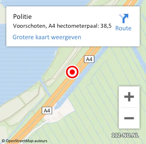 Locatie op kaart van de 112 melding: Politie Voorschoten, A4 hectometerpaal: 38,5 op 2 april 2024 17:40