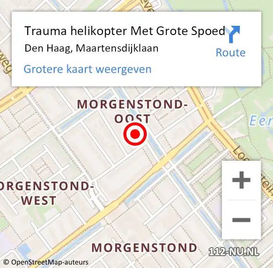 Locatie op kaart van de 112 melding: Trauma helikopter Met Grote Spoed Naar Den Haag, Maartensdijklaan op 2 april 2024 18:44