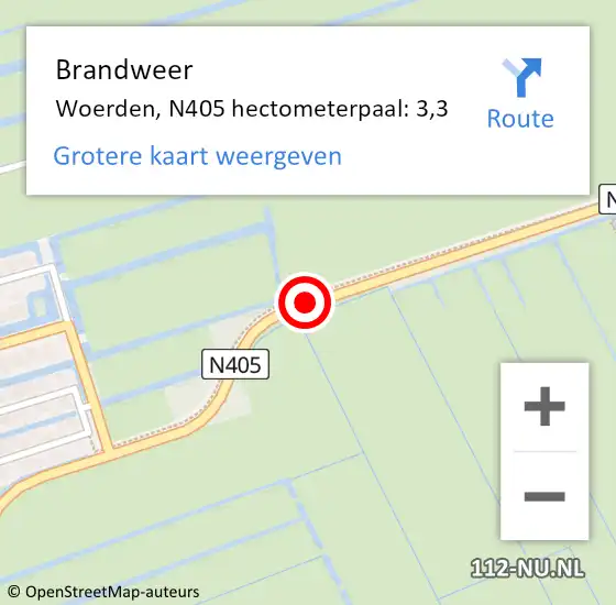 Locatie op kaart van de 112 melding: Brandweer Woerden, N405 hectometerpaal: 3,3 op 2 april 2024 19:49