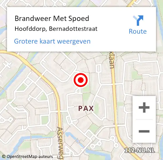 Locatie op kaart van de 112 melding: Brandweer Met Spoed Naar Hoofddorp, Bernadottestraat op 2 april 2024 22:31