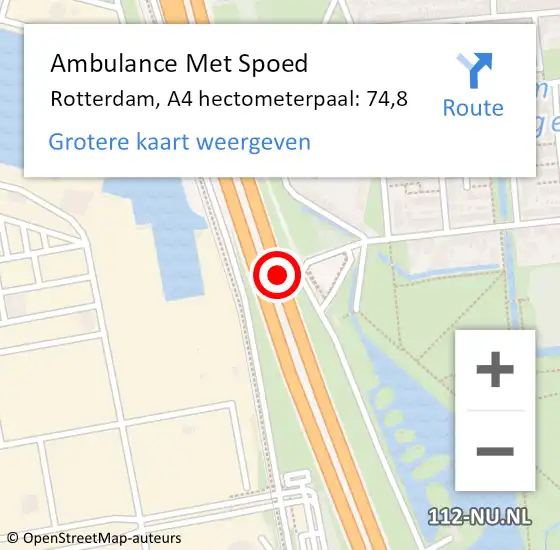 Locatie op kaart van de 112 melding: Ambulance Met Spoed Naar Rotterdam, A4 hectometerpaal: 74,8 op 3 april 2024 06:36