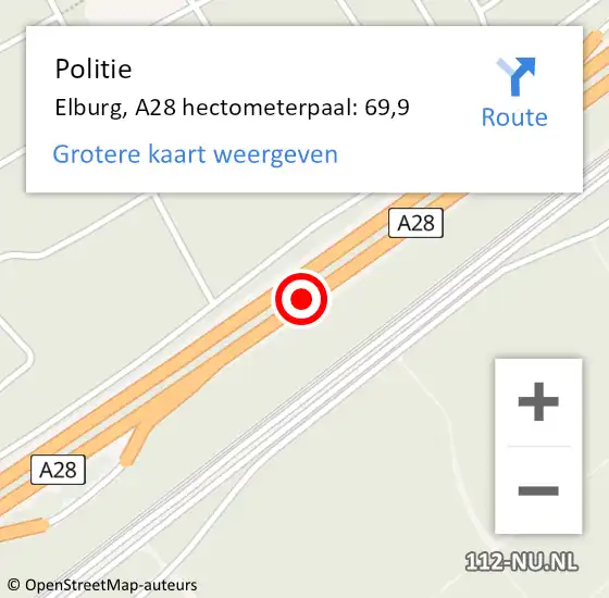 Locatie op kaart van de 112 melding: Politie Elburg, A28 hectometerpaal: 69,9 op 3 april 2024 07:23