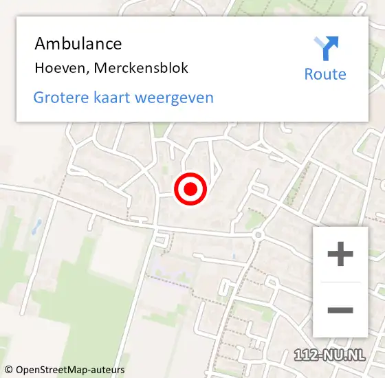 Locatie op kaart van de 112 melding: Ambulance Hoeven, Merckensblok op 1 oktober 2014 09:17