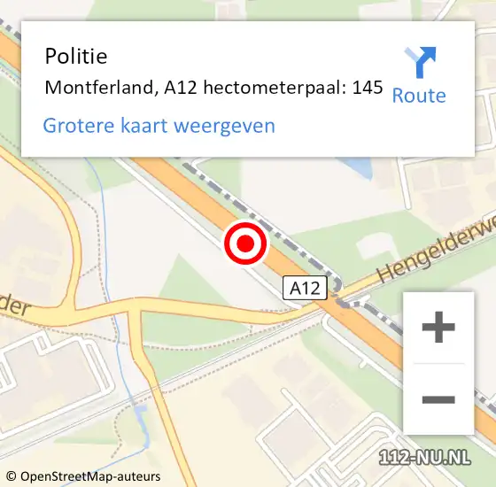 Locatie op kaart van de 112 melding: Politie Montferland, A12 hectometerpaal: 145 op 3 april 2024 09:38