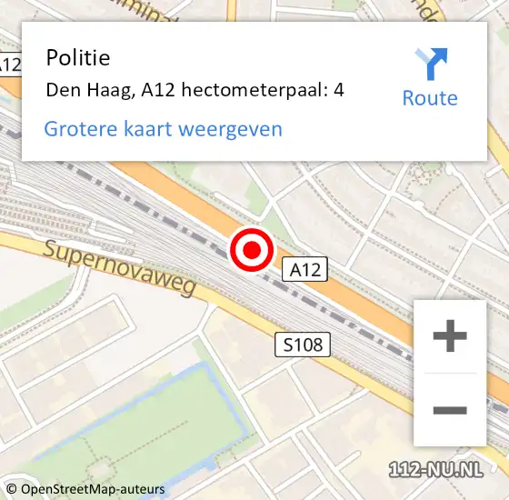 Locatie op kaart van de 112 melding: Politie Den Haag, A12 hectometerpaal: 4 op 3 april 2024 09:43
