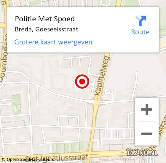 Locatie op kaart van de 112 melding: Politie Met Spoed Naar Breda, Goeseelsstraat op 3 april 2024 10:19