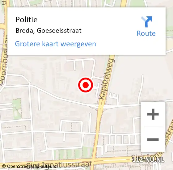 Locatie op kaart van de 112 melding: Politie Breda, Goeseelsstraat op 3 april 2024 10:19
