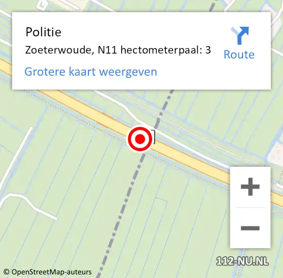 Locatie op kaart van de 112 melding: Politie Zoeterwoude, N11 hectometerpaal: 3 op 3 april 2024 12:30