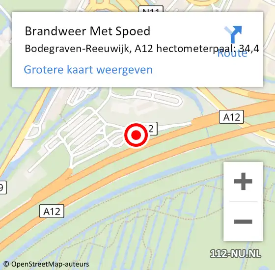 Locatie op kaart van de 112 melding: Brandweer Met Spoed Naar Bodegraven-Reeuwijk, A12 hectometerpaal: 34,4 op 3 april 2024 13:10