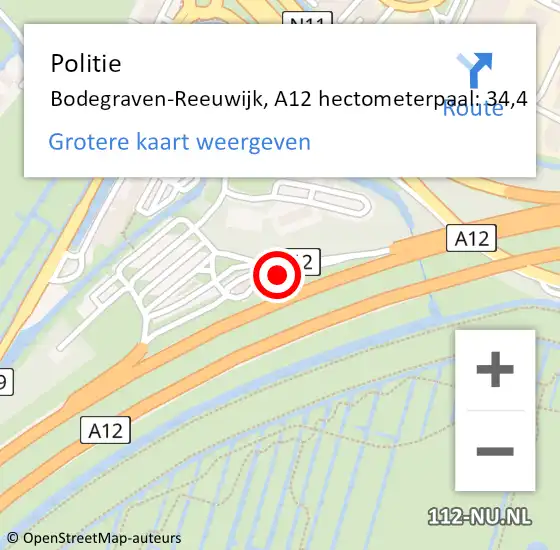 Locatie op kaart van de 112 melding: Politie Bodegraven-Reeuwijk, A12 hectometerpaal: 34,4 op 3 april 2024 13:10