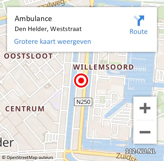 Locatie op kaart van de 112 melding: Ambulance Den Helder, Weststraat op 3 april 2024 13:53