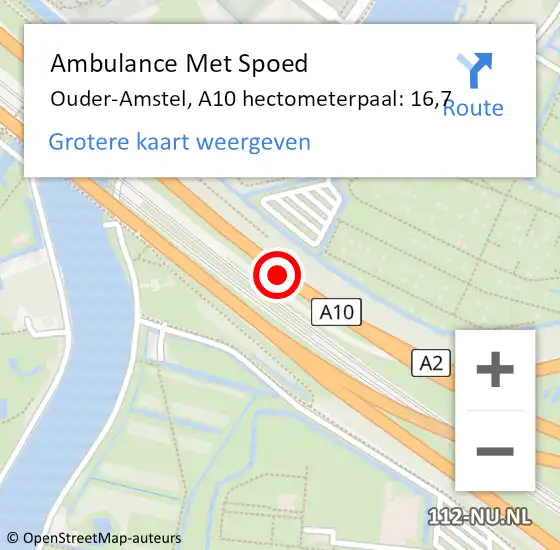 Locatie op kaart van de 112 melding: Ambulance Met Spoed Naar Ouder-Amstel, A10 hectometerpaal: 16,7 op 3 april 2024 14:10
