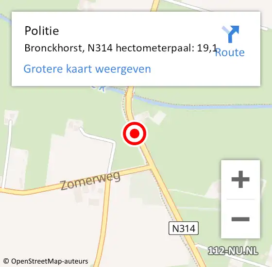 Locatie op kaart van de 112 melding: Politie Bronckhorst, N314 hectometerpaal: 19,1 op 3 april 2024 14:38