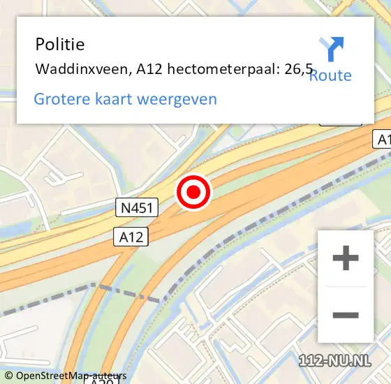 Locatie op kaart van de 112 melding: Politie Waddinxveen, A12 hectometerpaal: 26,5 op 3 april 2024 14:43