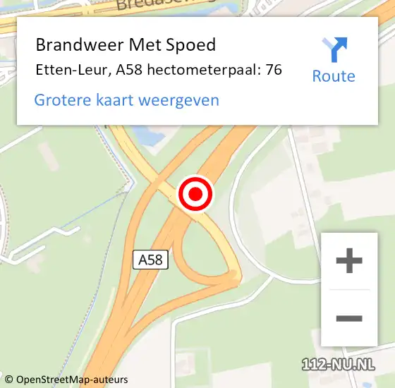 Locatie op kaart van de 112 melding: Brandweer Met Spoed Naar Etten-Leur, A58 hectometerpaal: 76 op 3 april 2024 15:19