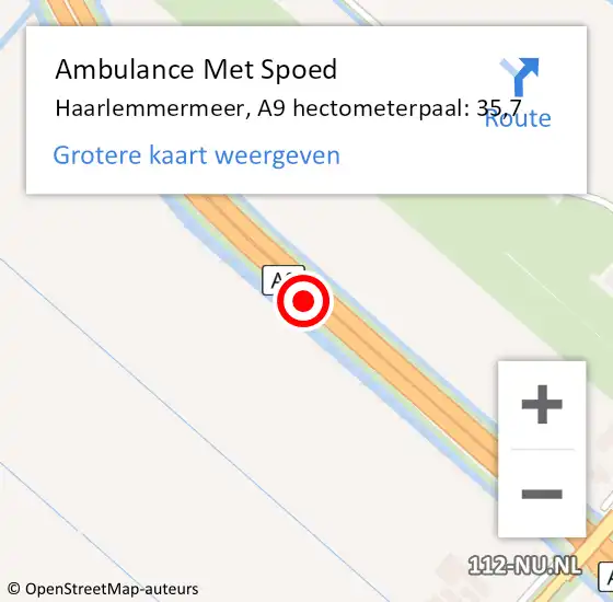 Locatie op kaart van de 112 melding: Ambulance Met Spoed Naar Haarlemmermeer, A9 hectometerpaal: 35,7 op 3 april 2024 16:05