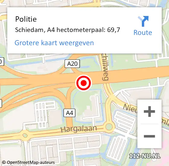 Locatie op kaart van de 112 melding: Politie Schiedam, A4 hectometerpaal: 69,7 op 3 april 2024 17:04