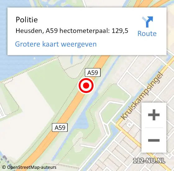 Locatie op kaart van de 112 melding: Politie Heusden, A59 hectometerpaal: 129,5 op 3 april 2024 17:23