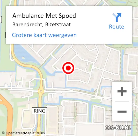 Locatie op kaart van de 112 melding: Ambulance Met Spoed Naar Barendrecht, Bizetstraat op 3 april 2024 19:10