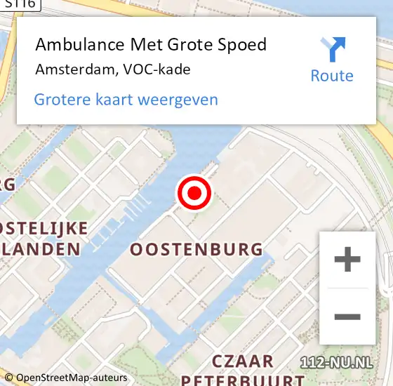 Locatie op kaart van de 112 melding: Ambulance Met Grote Spoed Naar Amsterdam, VOC-kade op 3 april 2024 20:40