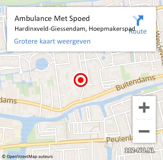 Locatie op kaart van de 112 melding: Ambulance Met Spoed Naar Hardinxveld-Giessendam, Hoepmakerspad op 3 april 2024 21:25