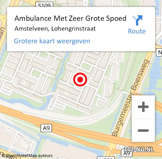 Locatie op kaart van de 112 melding: Ambulance Met Zeer Grote Spoed Naar Amstelveen, Lohengrinstraat op 4 april 2024 00:25