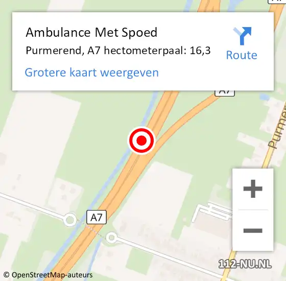 Locatie op kaart van de 112 melding: Ambulance Met Spoed Naar Purmerend, A7 hectometerpaal: 16,3 op 4 april 2024 06:48