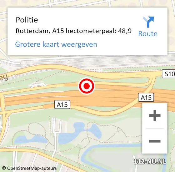 Locatie op kaart van de 112 melding: Politie Rotterdam, A15 hectometerpaal: 48,9 op 4 april 2024 07:37