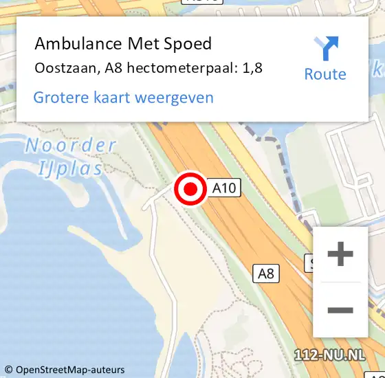 Locatie op kaart van de 112 melding: Ambulance Met Spoed Naar Oostzaan, A8 hectometerpaal: 1,8 op 4 april 2024 09:03