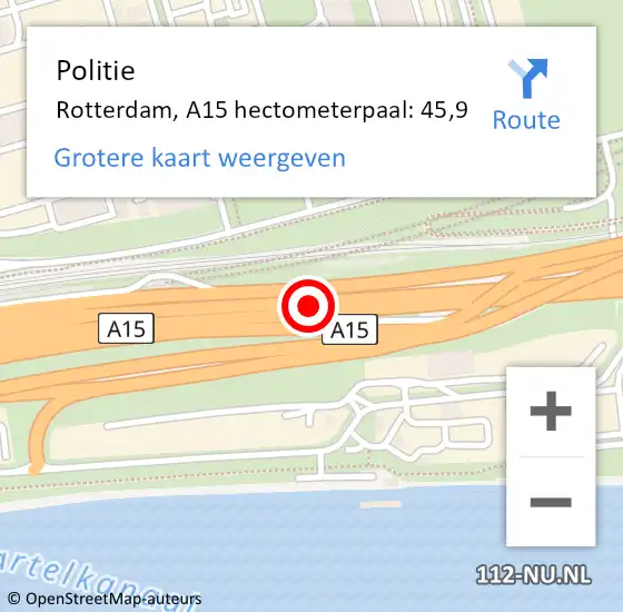 Locatie op kaart van de 112 melding: Politie Rotterdam, A15 hectometerpaal: 45,9 op 4 april 2024 13:46