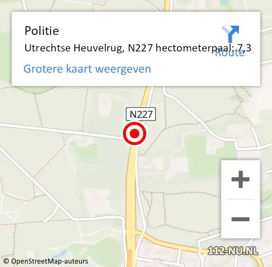 Locatie op kaart van de 112 melding: Politie Utrechtse Heuvelrug, N227 hectometerpaal: 7,3 op 4 april 2024 16:18