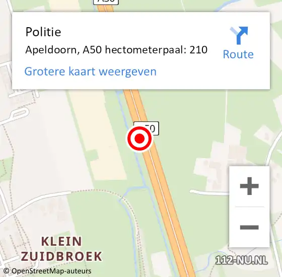 Locatie op kaart van de 112 melding: Politie Apeldoorn, A50 hectometerpaal: 210 op 4 april 2024 16:22